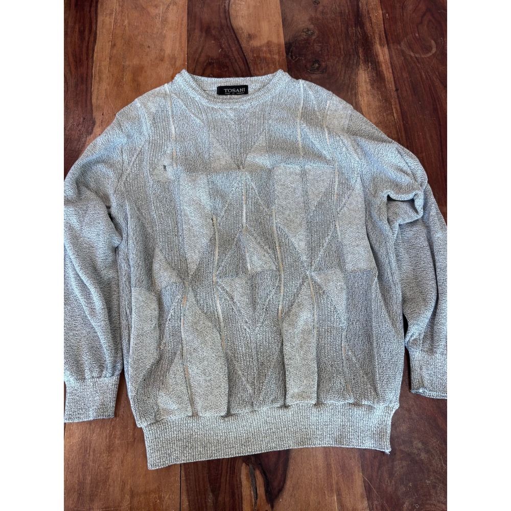 TOSANI sweater mens L gray geometric 3d textured knit crewneck made in Canada